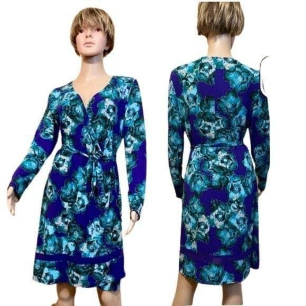 Floral Print Wrap Dress, Long Sleeve, Blue Teal Flowers Tie Waist, Casual Medium - Picture 5 of 7